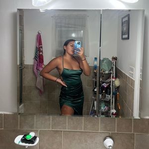 Green Satin Backless Laced High Slit Dress